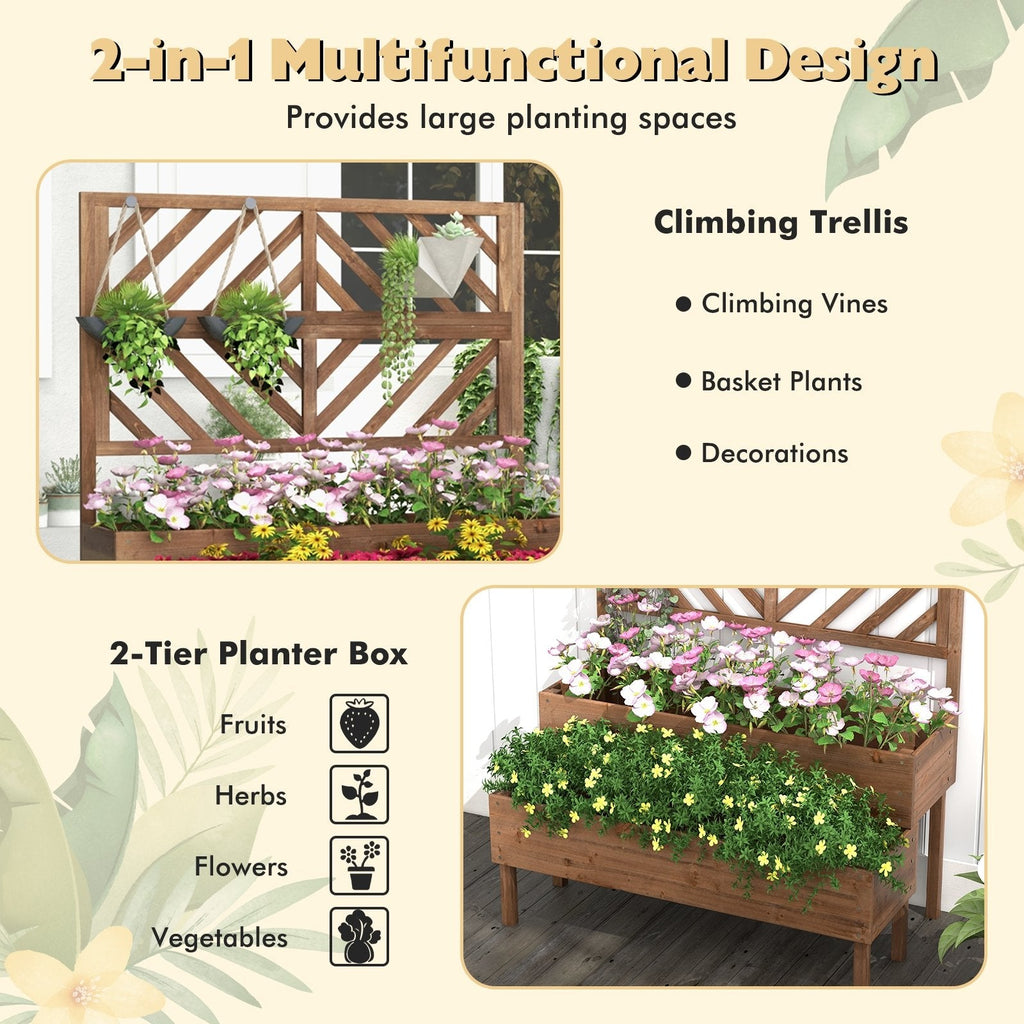 Jardinera elevada de 2 niveles con enrejado - Marrón