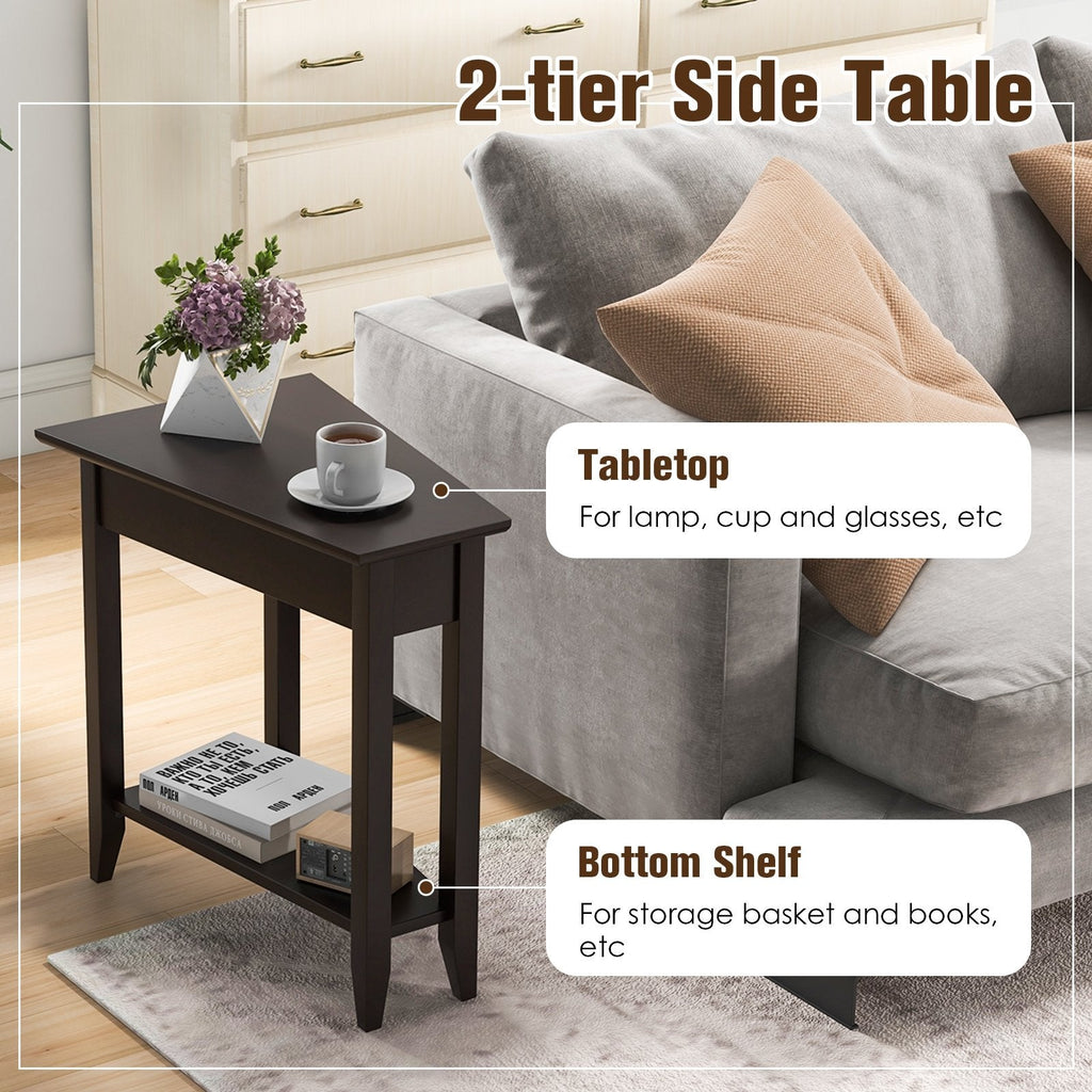 Schmaler, keilförmiger Beistelltisch mit 2 Ebenen, Ablagefach und Massivholzbeinen, Espresso