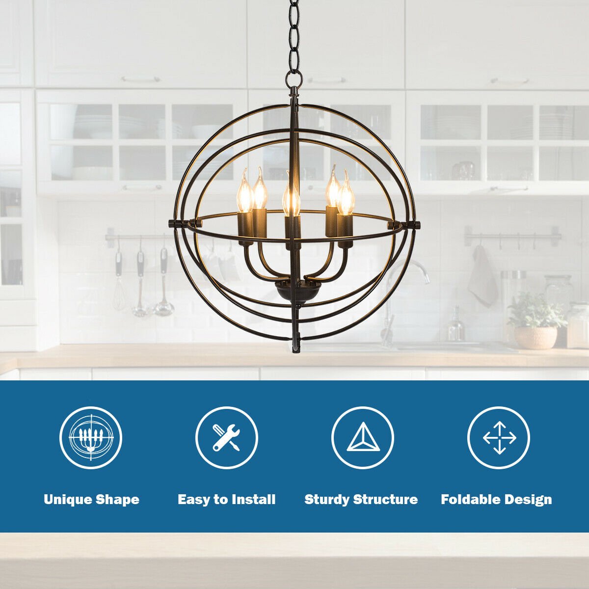 Lustre métallique à 5 lumières de 50 cm avec anneaux emboîtables pivotants