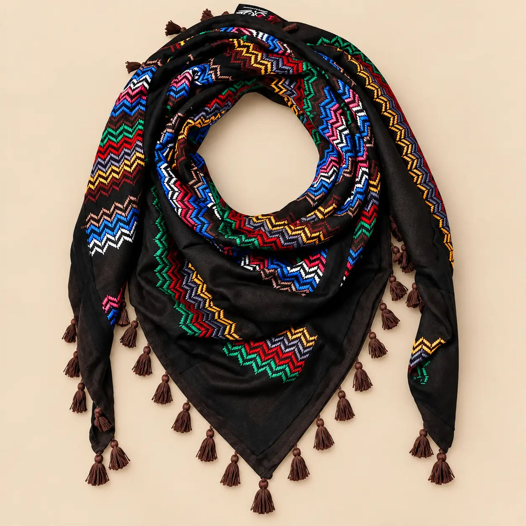 Black Palestinian Keffiyeh Scarf with colorful embroidery - Keffiyeh - Sumud
