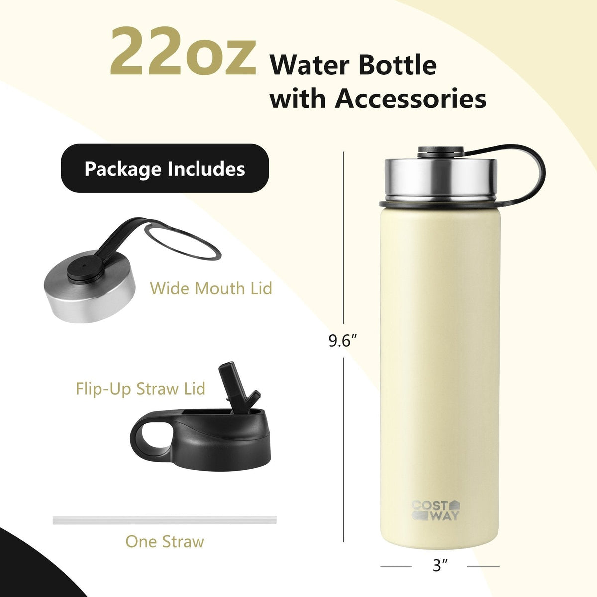 22 oz isolierte, doppelwandige Edelstahl-Trinkflasche mit 2 Deckeln und Strohhalm – Beige