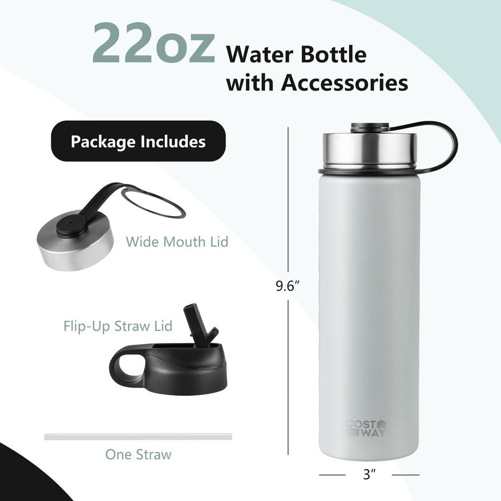 Bouteille d'eau isotherme double paroi en acier inoxydable de 650 ml avec 2 couvercles et paille - Grise