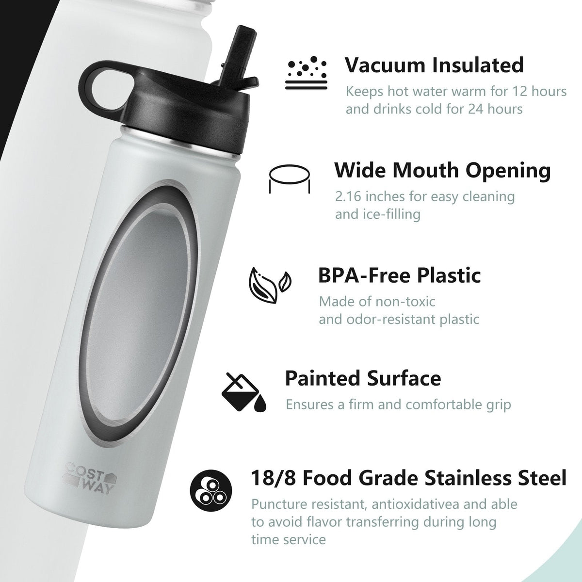Bouteille d'eau isotherme double paroi en acier inoxydable de 650 ml avec 2 couvercles et paille - Grise