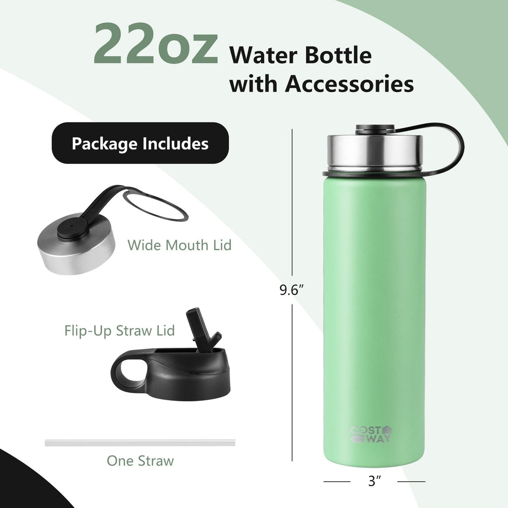 Bouteille d'eau isotherme double paroi en acier inoxydable de 650 ml avec 2 couvercles et paille - Vert
