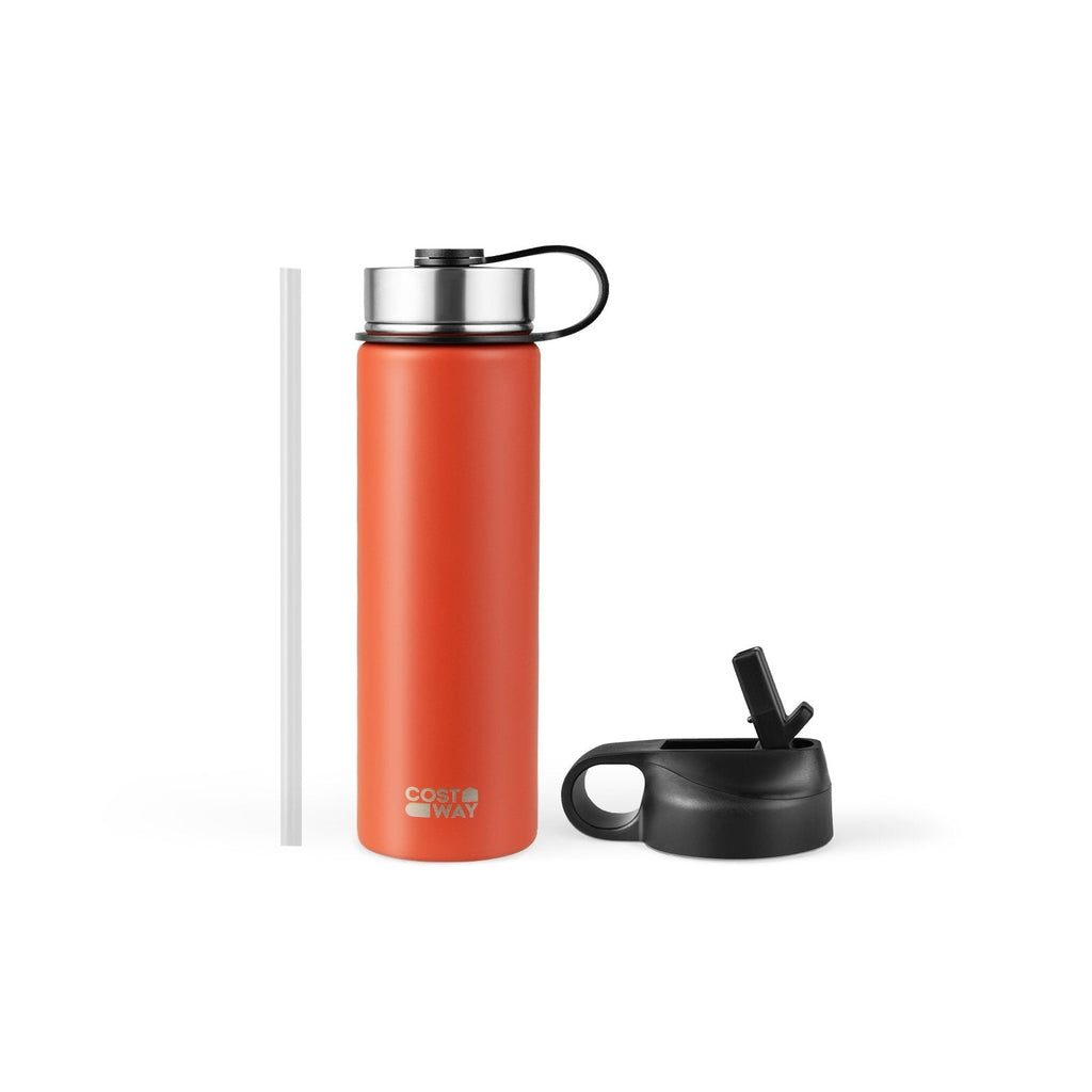 Bouteille d'eau isotherme double paroi en acier inoxydable de 650 ml avec 2 couvercles et paille - Orange