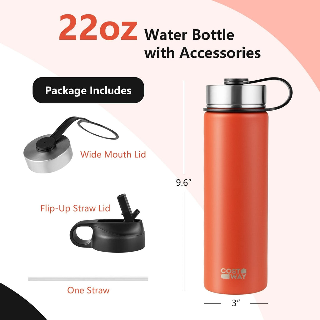 Bouteille d'eau isotherme double paroi en acier inoxydable de 650 ml avec 2 couvercles et paille - Orange