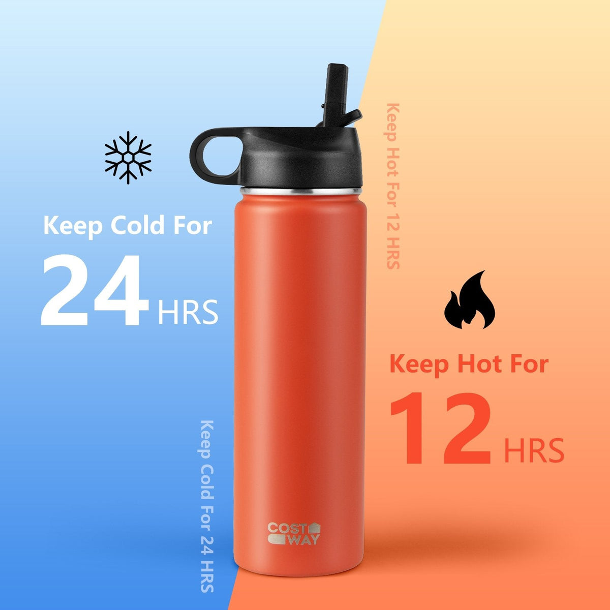 Bouteille d'eau isotherme double paroi en acier inoxydable de 650 ml avec 2 couvercles et paille - Orange