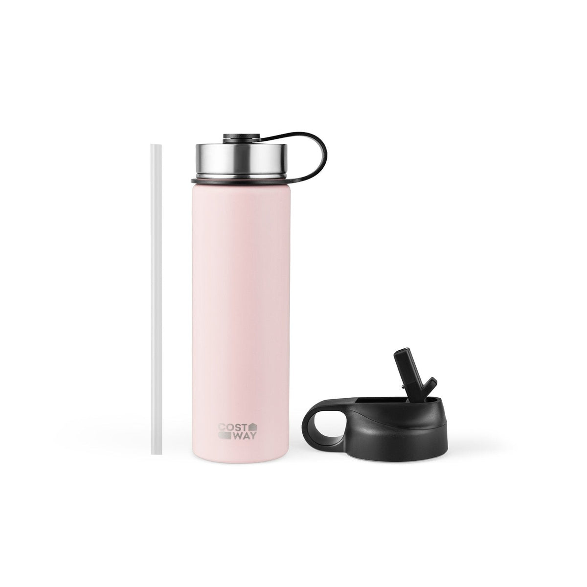 22 oz doppelwandige isolierte Wasserflasche aus Edelstahl mit 2 Deckeln und Strohhalm – Rosa