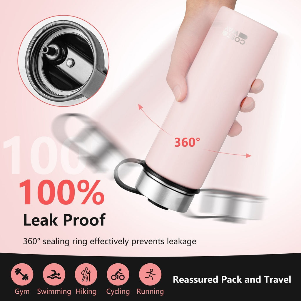 22 oz doppelwandige isolierte Wasserflasche aus Edelstahl mit 2 Deckeln und Strohhalm – Rosa