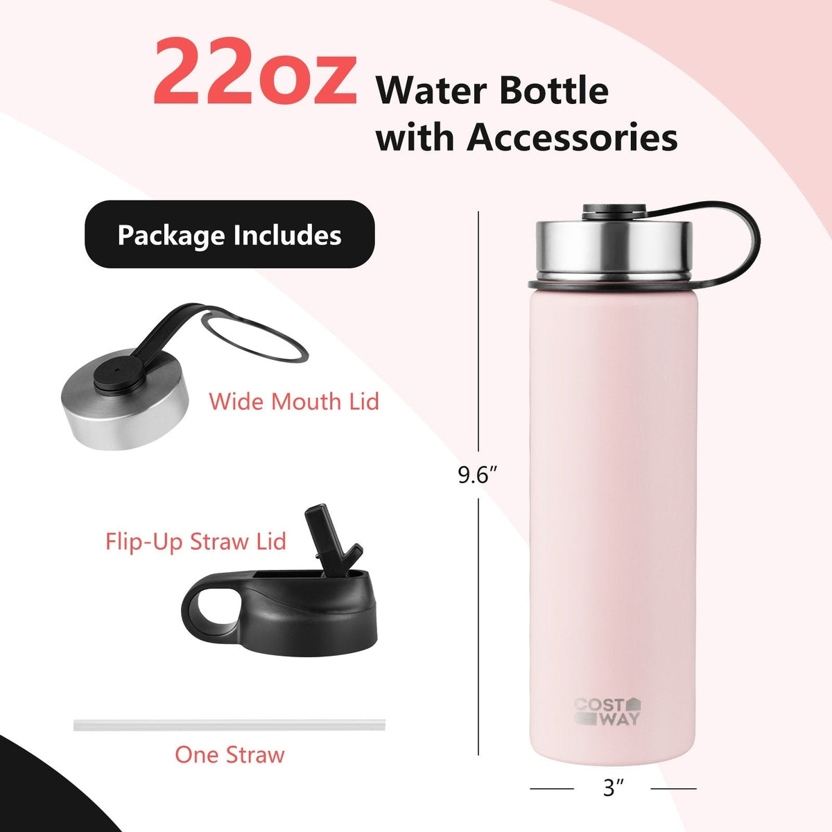 22 oz doppelwandige isolierte Wasserflasche aus Edelstahl mit 2 Deckeln und Strohhalm – Rosa