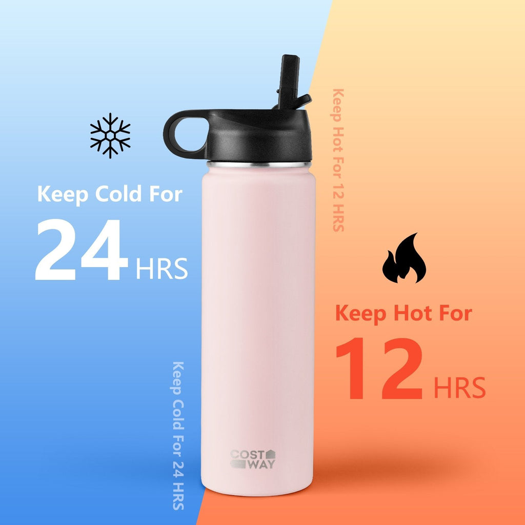 22 oz doppelwandige isolierte Wasserflasche aus Edelstahl mit 2 Deckeln und Strohhalm – Rosa