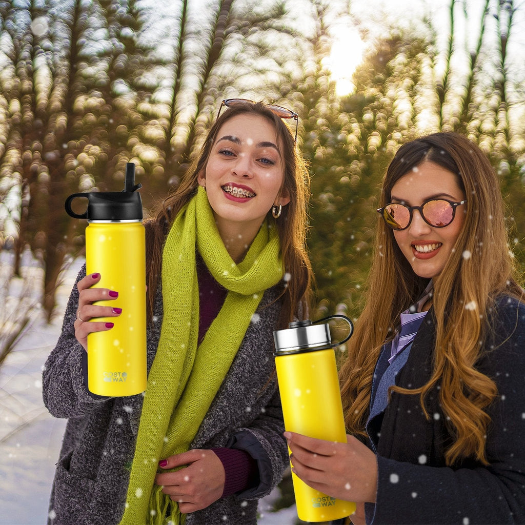 Bouteille d'eau isotherme double paroi en acier inoxydable de 650 ml avec 2 couvercles et paille - Jaune