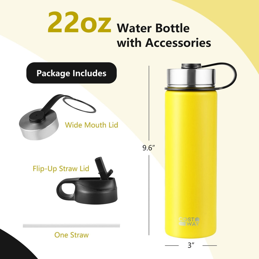 Bouteille d'eau isotherme double paroi en acier inoxydable de 650 ml avec 2 couvercles et paille - Jaune