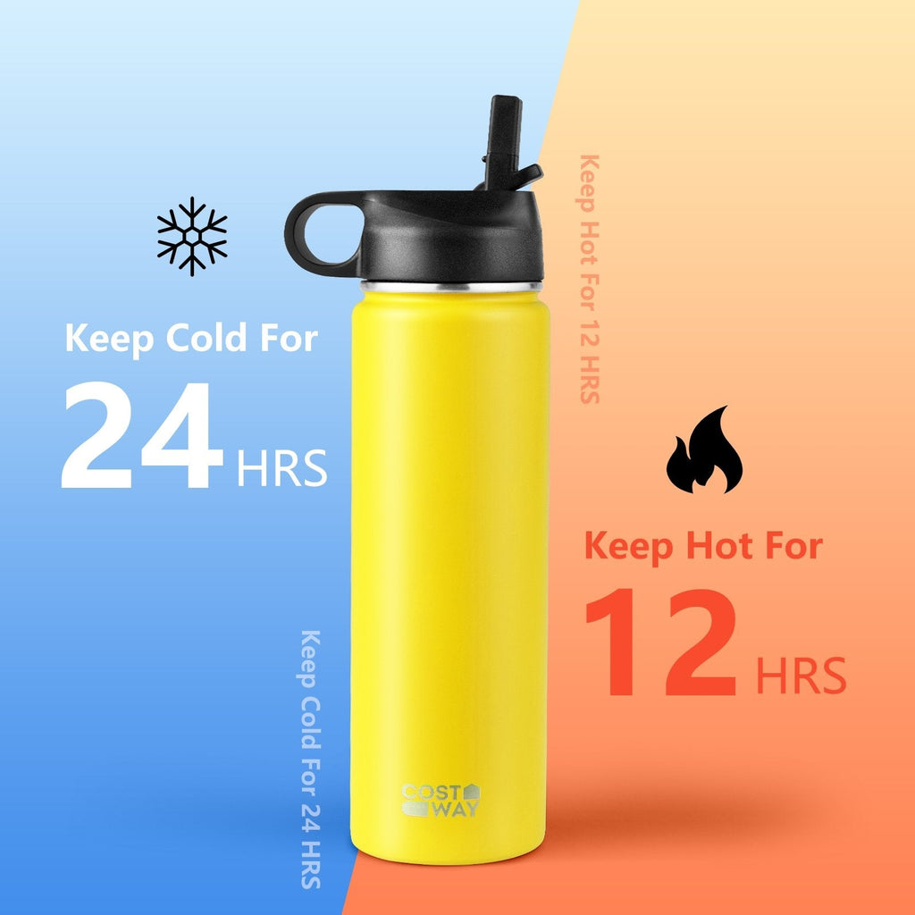 Bouteille d'eau isotherme double paroi en acier inoxydable de 650 ml avec 2 couvercles et paille - Jaune