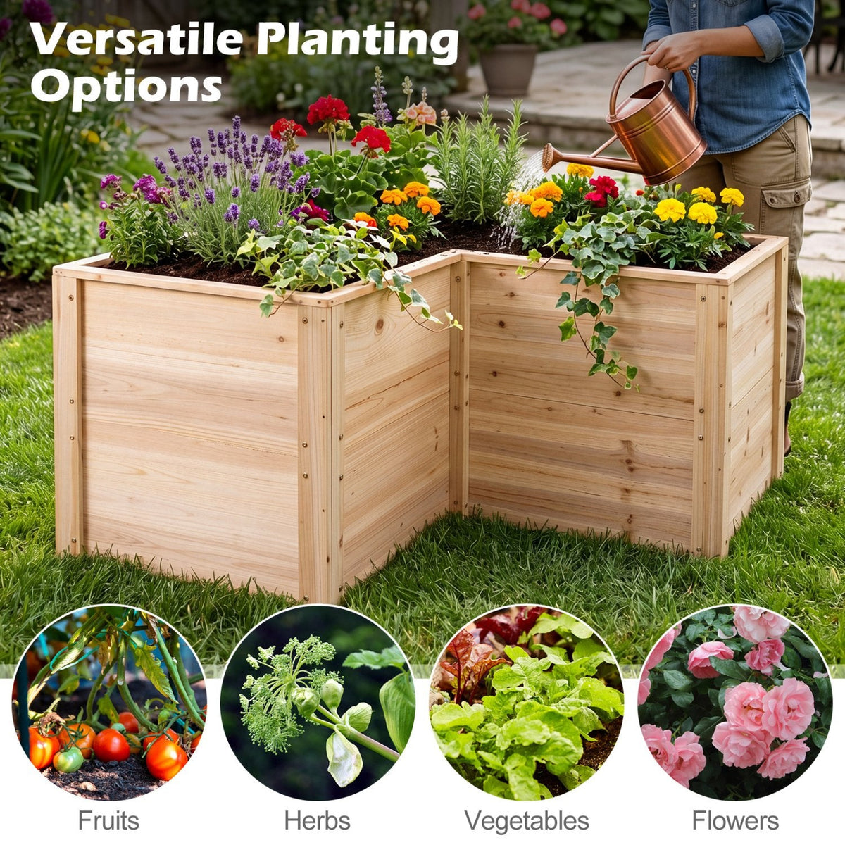 24 Inch L-Shaped Wooden Raised Garden Bed with Open-Ended Base-Natural