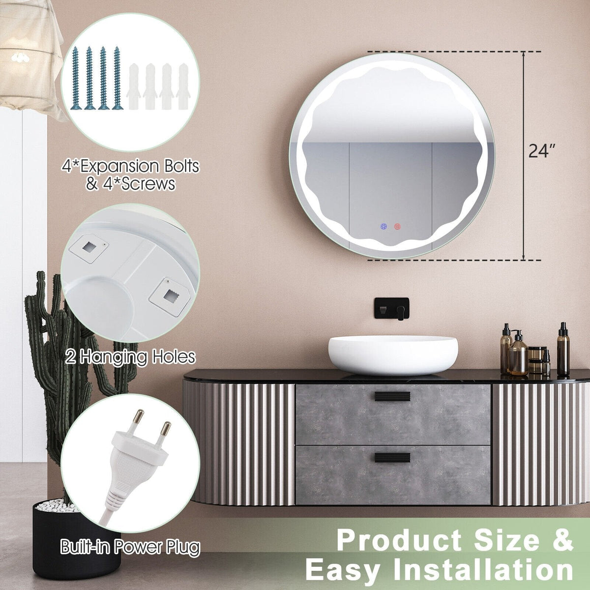 Runder Wandspiegel (60 cm) mit 3-farbiger LED-Beleuchtung und Smart-Touch-Taste