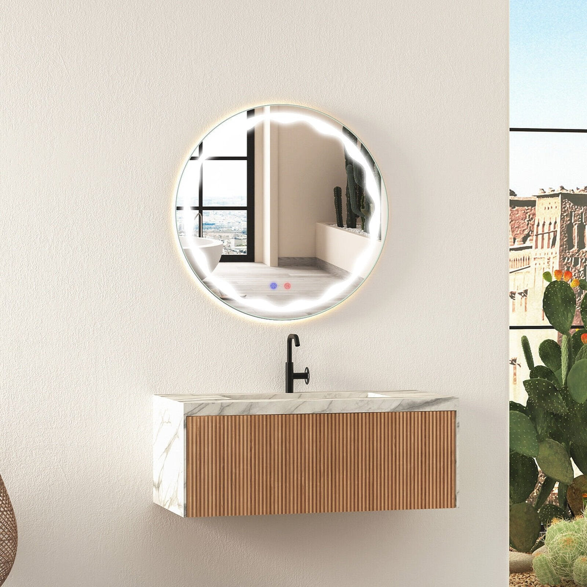 Runder Wandspiegel (60 cm) mit 3-farbiger LED-Beleuchtung und Smart-Touch-Taste