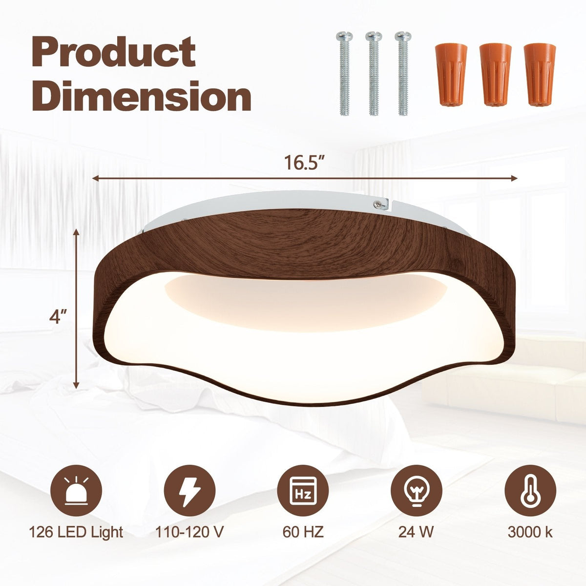 24W moderne LED-Deckenleuchte mit Holzoptik und Metallrahmen – Braun