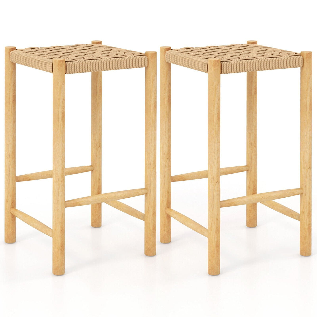 Lot de 2 tabourets de comptoir en corde de papier tressée, hauteur d'assise 64,8 cm, bois d'hévéa naturel