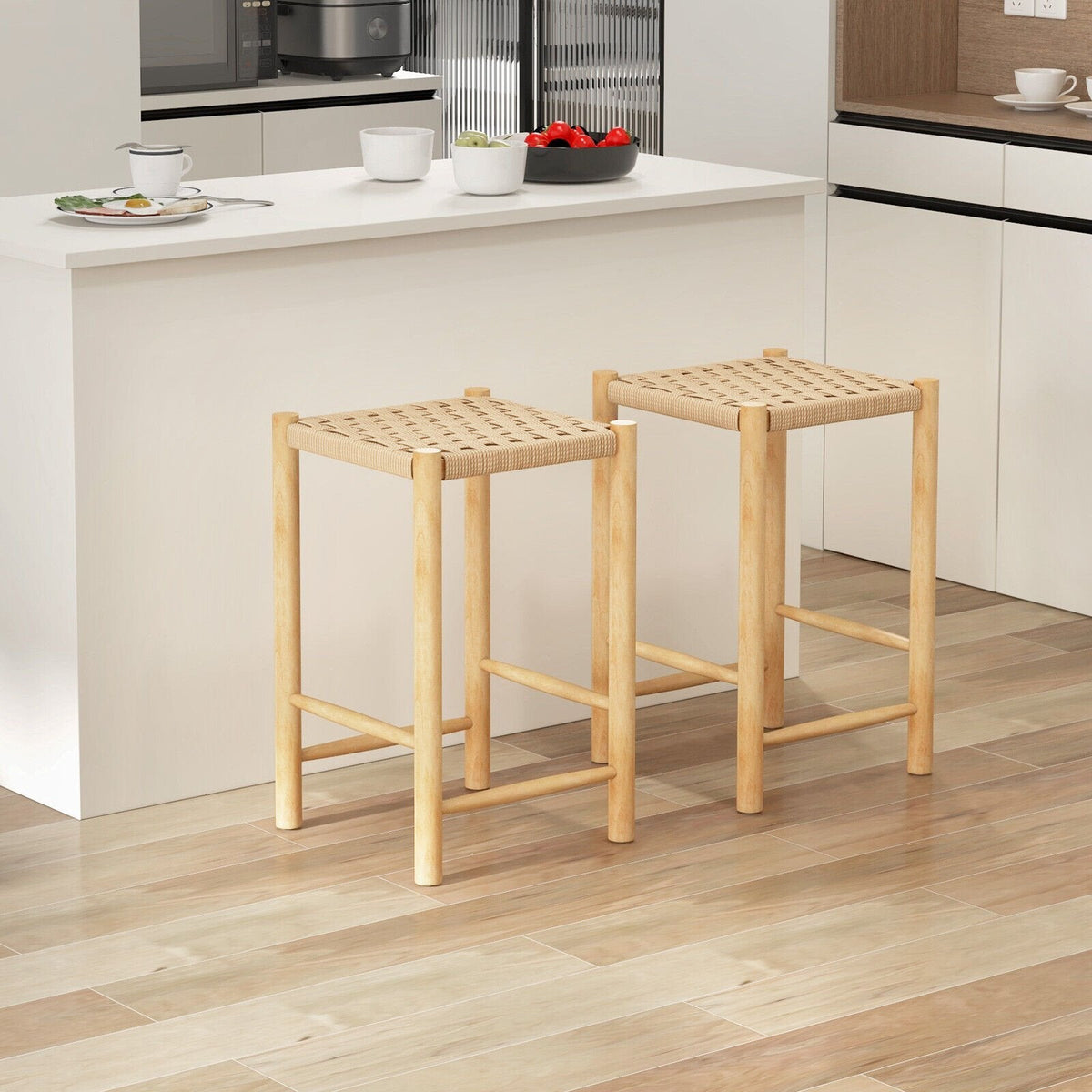 Lot de 2 tabourets de comptoir en corde de papier tressée, hauteur d'assise 64,8 cm, bois d'hévéa naturel