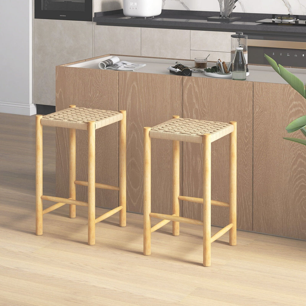 Lot de 2 tabourets de comptoir en corde de papier tressée, hauteur d'assise 64,8 cm, bois d'hévéa naturel