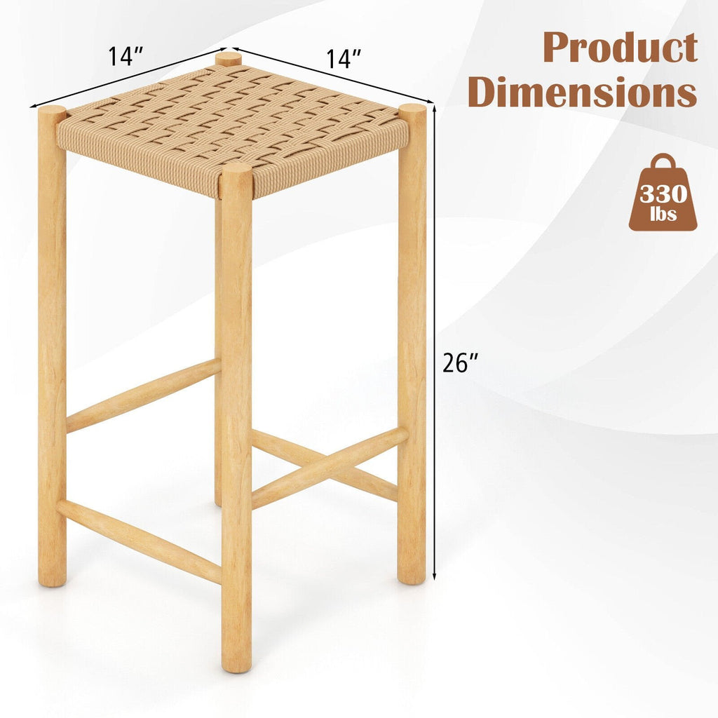 Lot de 2 tabourets de comptoir en corde de papier tressée, hauteur d'assise 64,8 cm, bois d'hévéa naturel