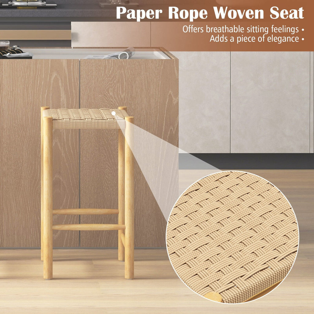 Lot de 2 tabourets de comptoir en corde de papier tressée, hauteur d'assise 64,8 cm, bois d'hévéa naturel