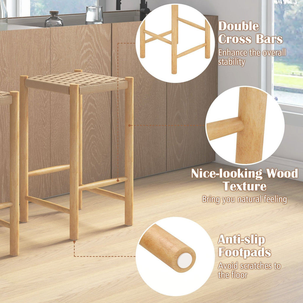 Lot de 2 tabourets de comptoir en corde de papier tressée, hauteur d'assise 64,8 cm, bois d'hévéa naturel