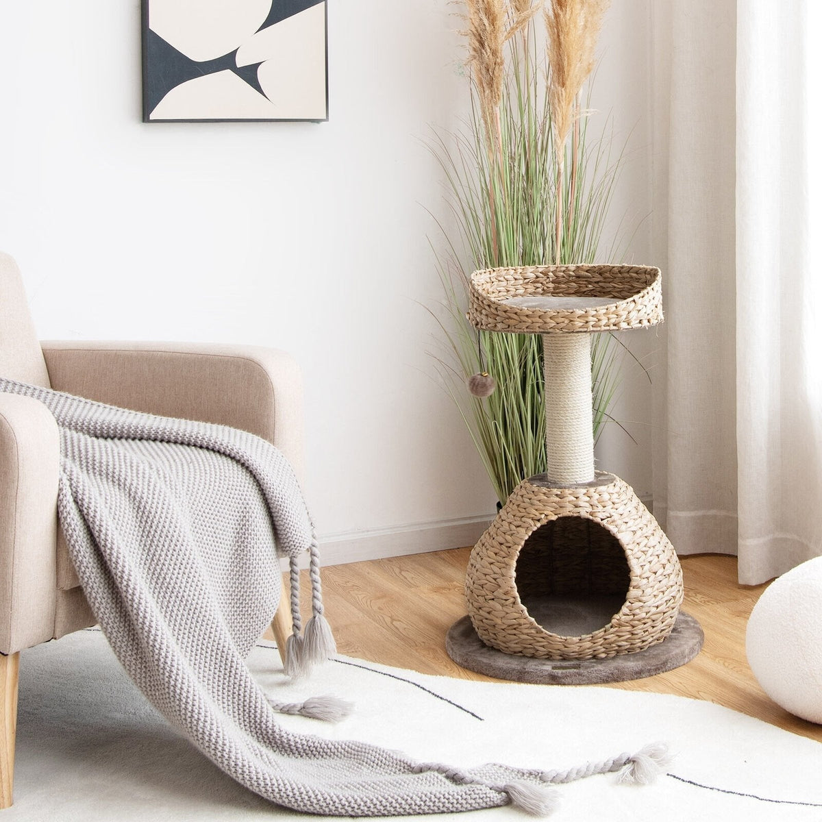 28 Inch Hand Woven Water Hyacinth Cat Tree with Domed Condo and Sisal Post, Dark Coffee
