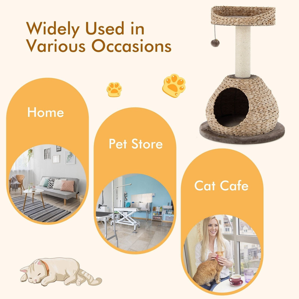 28 Inch Hand Woven Water Hyacinth Cat Tree with Domed Condo and Sisal Post, Dark Coffee