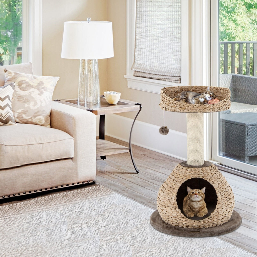 28 Inch Hand Woven Water Hyacinth Cat Tree with Domed Condo and Sisal Post, Dark Coffee