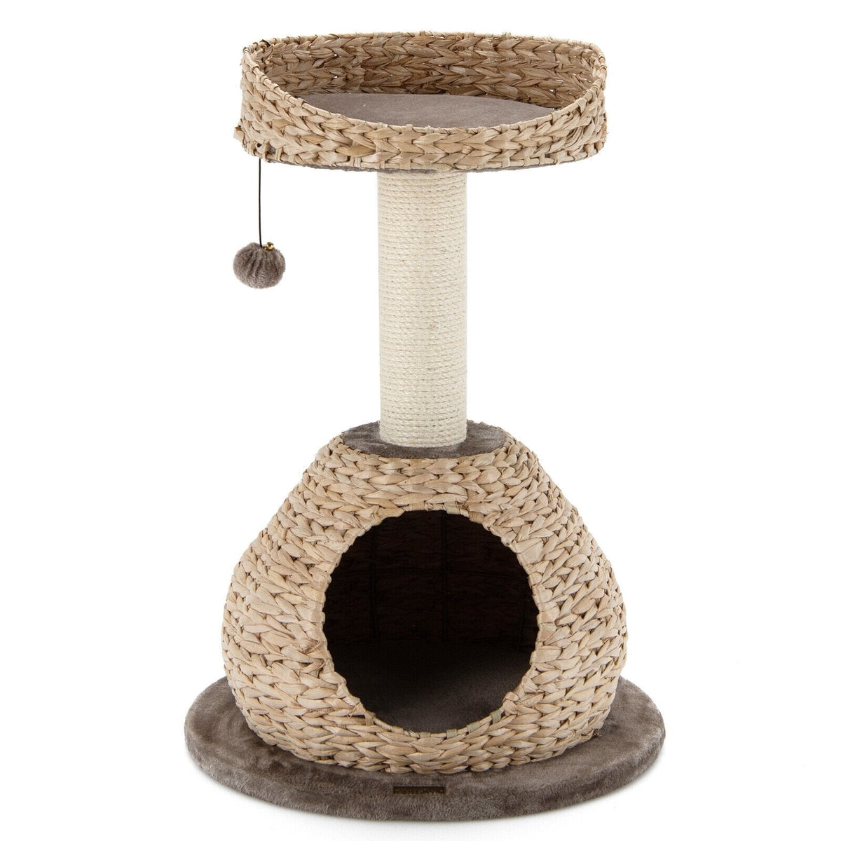 28 Inch Hand Woven Water Hyacinth Cat Tree with Domed Condo and Sisal Post, Dark Coffee