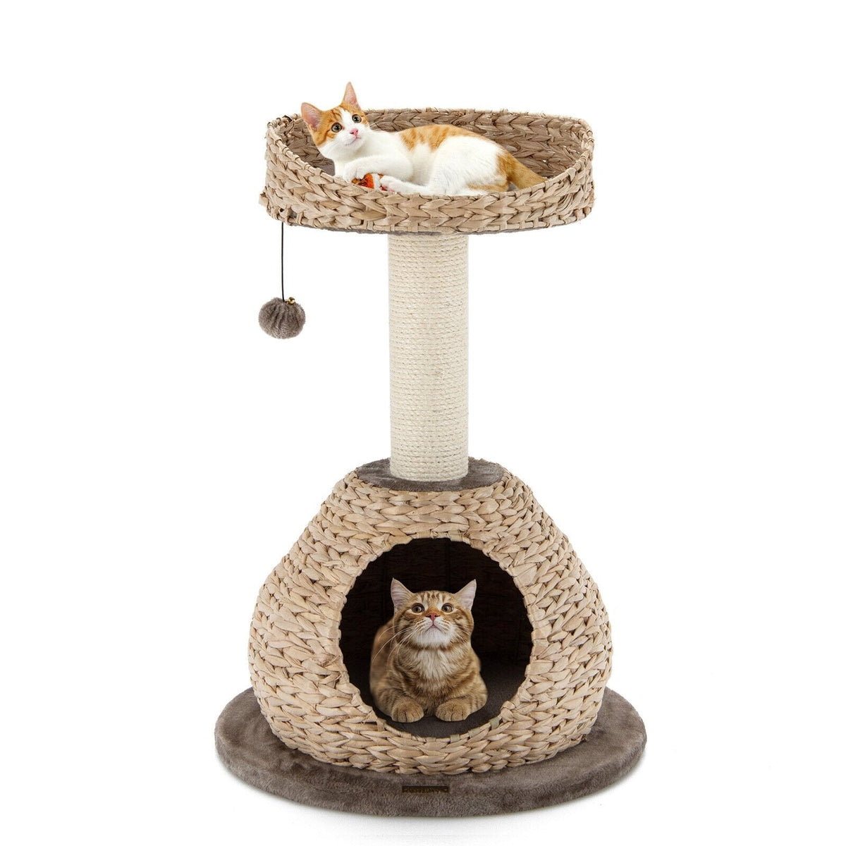 28 Inch Hand Woven Water Hyacinth Cat Tree with Domed Condo and Sisal Post, Dark Coffee