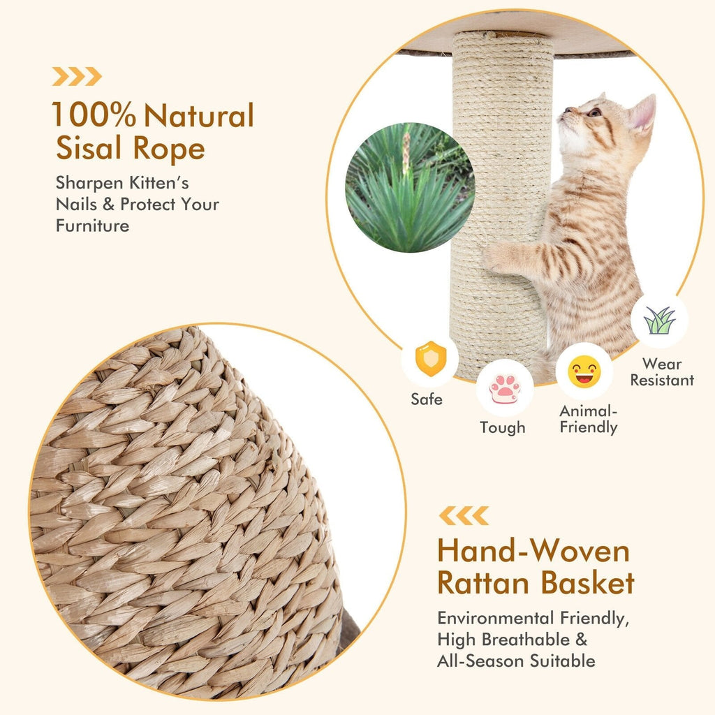 28 Inch Hand Woven Water Hyacinth Cat Tree with Domed Condo and Sisal Post, Dark Coffee