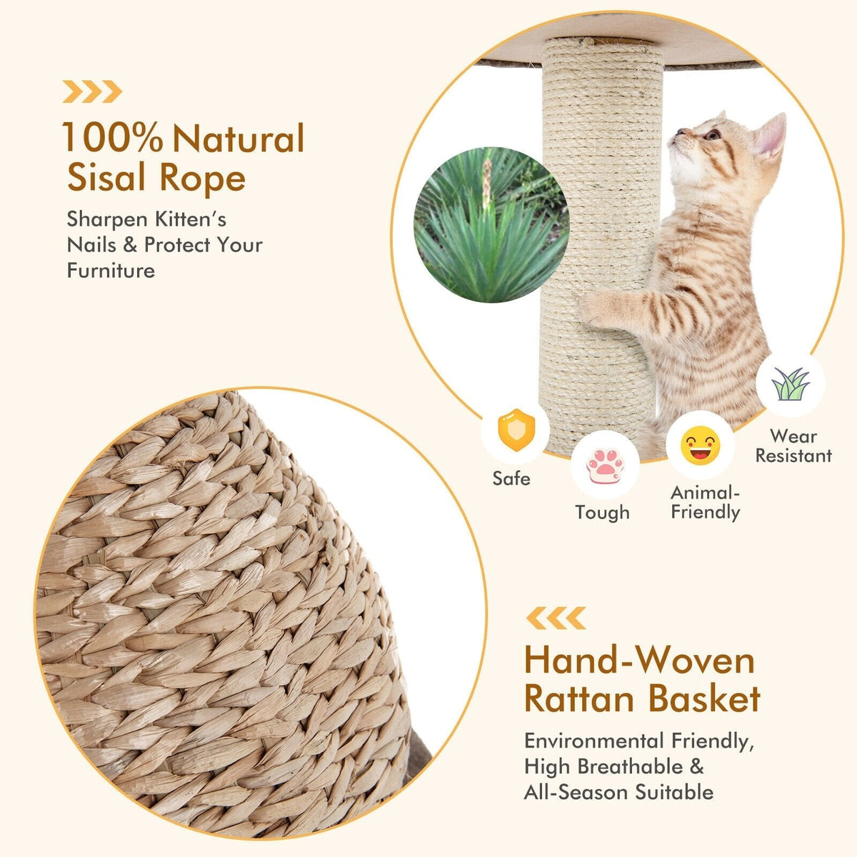 28 Inch Hand Woven Water Hyacinth Cat Tree with Domed Condo and Sisal Post, Dark Coffee