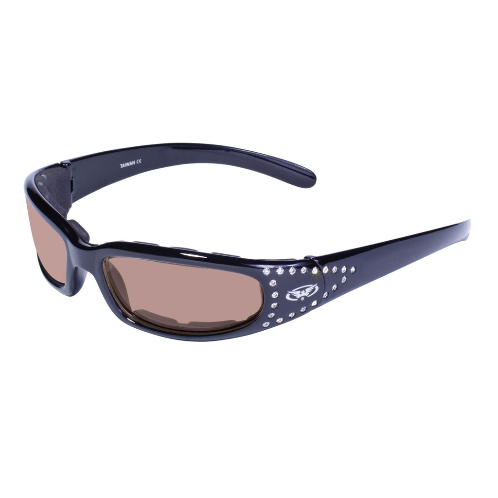 Lunettes de moto pour femme Global Vision Marilyn 3 avec strass. Lunettes de protection rembourrées et scintillantes.