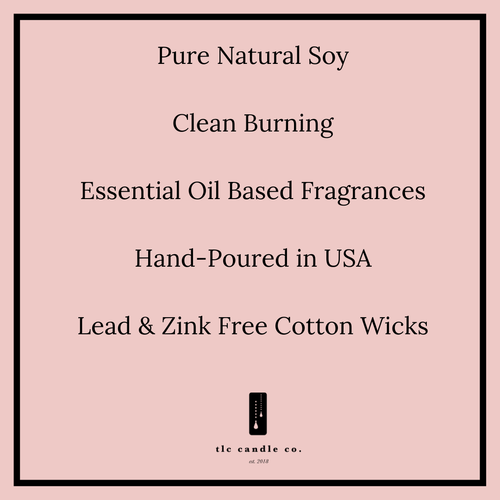 Info card: Pure natural soy, clean burning, hand-poured in USA, lead-free cotton wicks