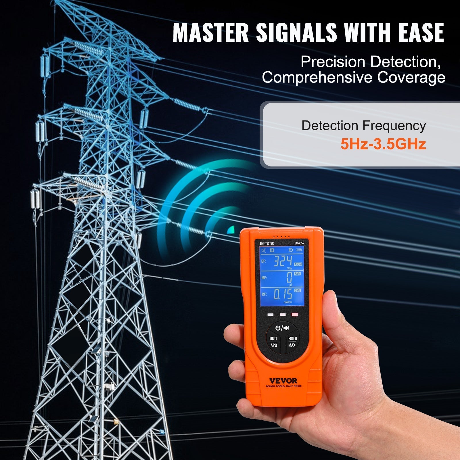 VEVOR  EMF Meter, 5Hz  3.5GHz, Handheld Rechargeable Electromagnetic Green Sir Loin