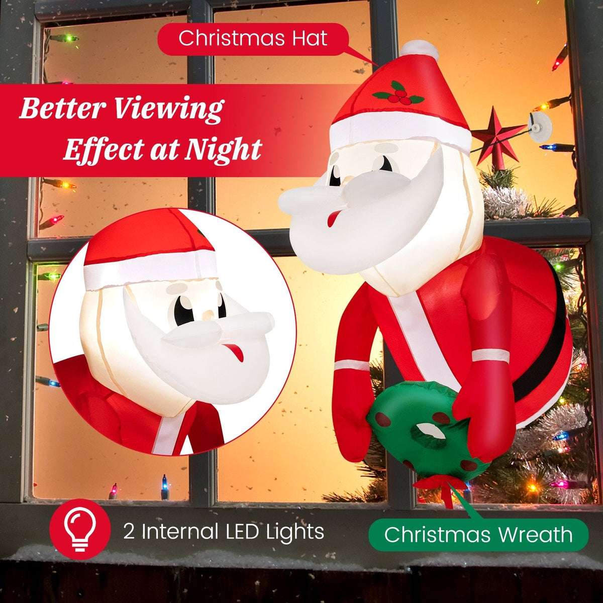 3.3 pieds de Père Noël gonflable lumineux sortant d'une fenêtre