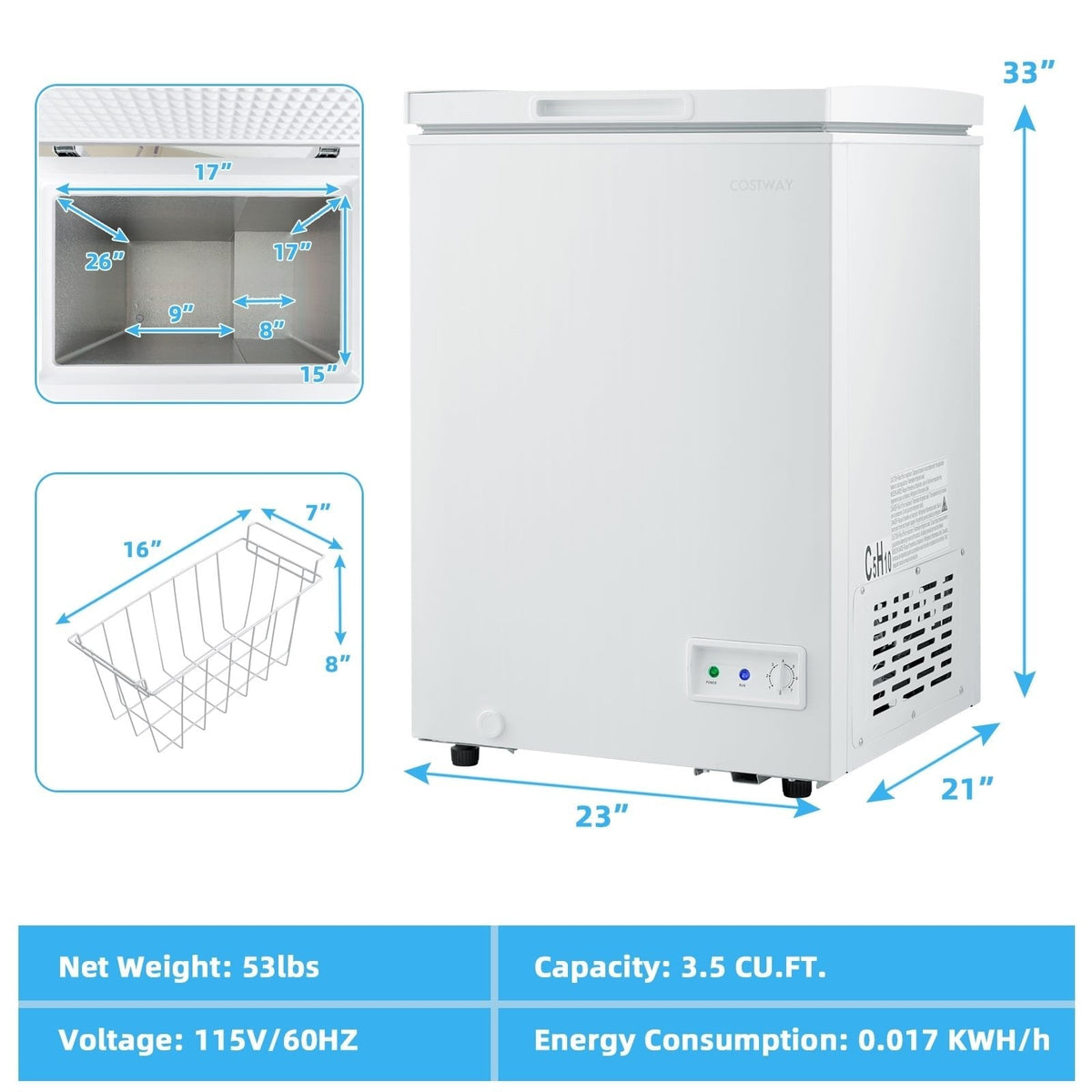 3,5 pi³ Congélateur coffre compact avec panier de rangement amovible - 3,5 pi³