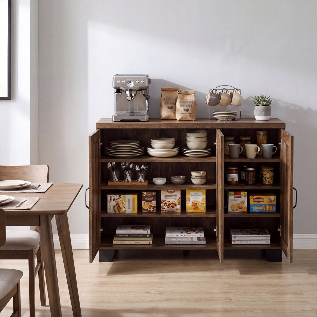 Buffet 3 portes avec étagères réglables et kits anti-basculement - Marron