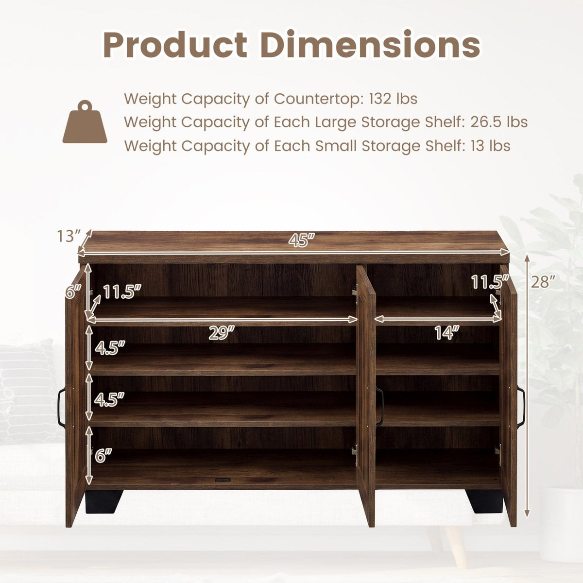 Buffet 3 portes avec étagères réglables et kits anti-basculement - Marron