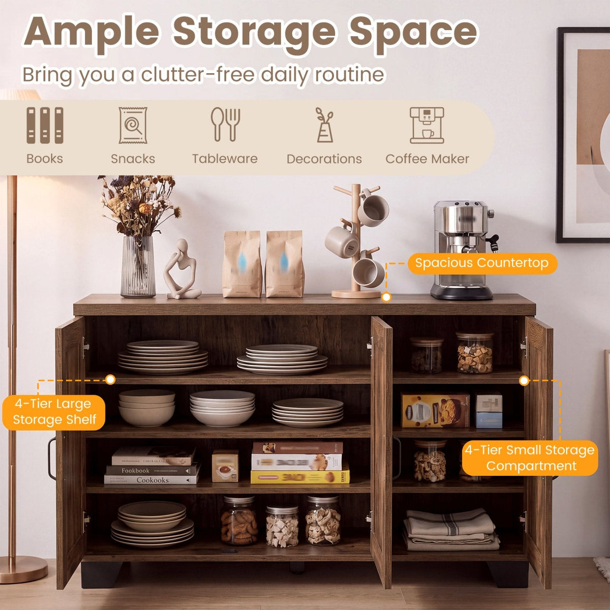Buffet 3 portes avec étagères réglables et kits anti-basculement - Marron