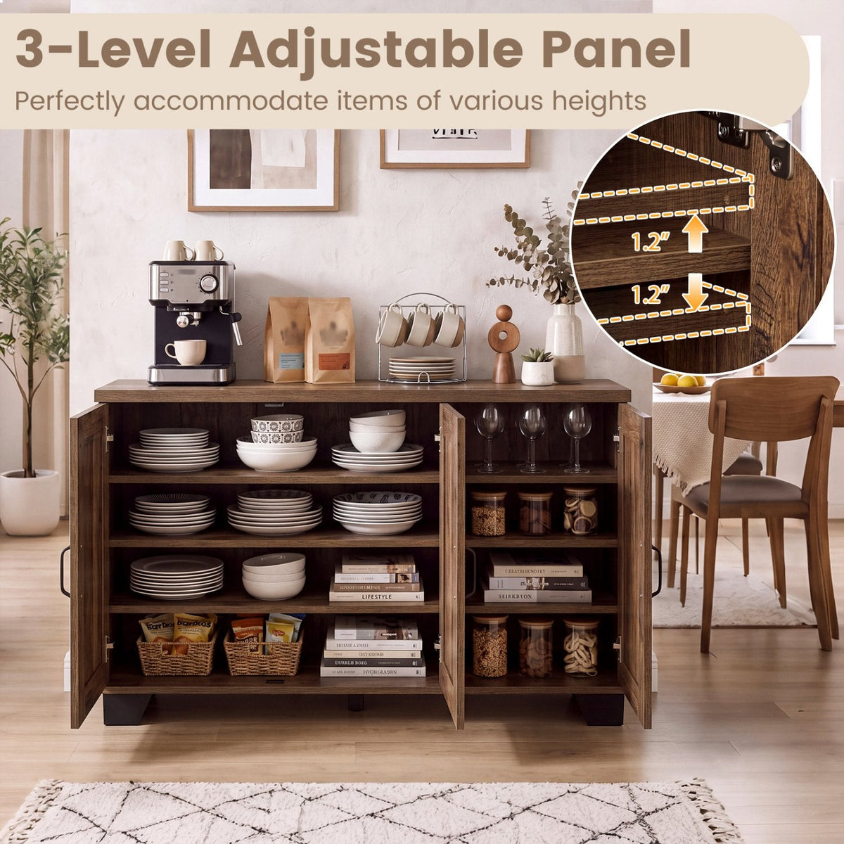 Buffet 3 portes avec étagères réglables et kits anti-basculement - Marron