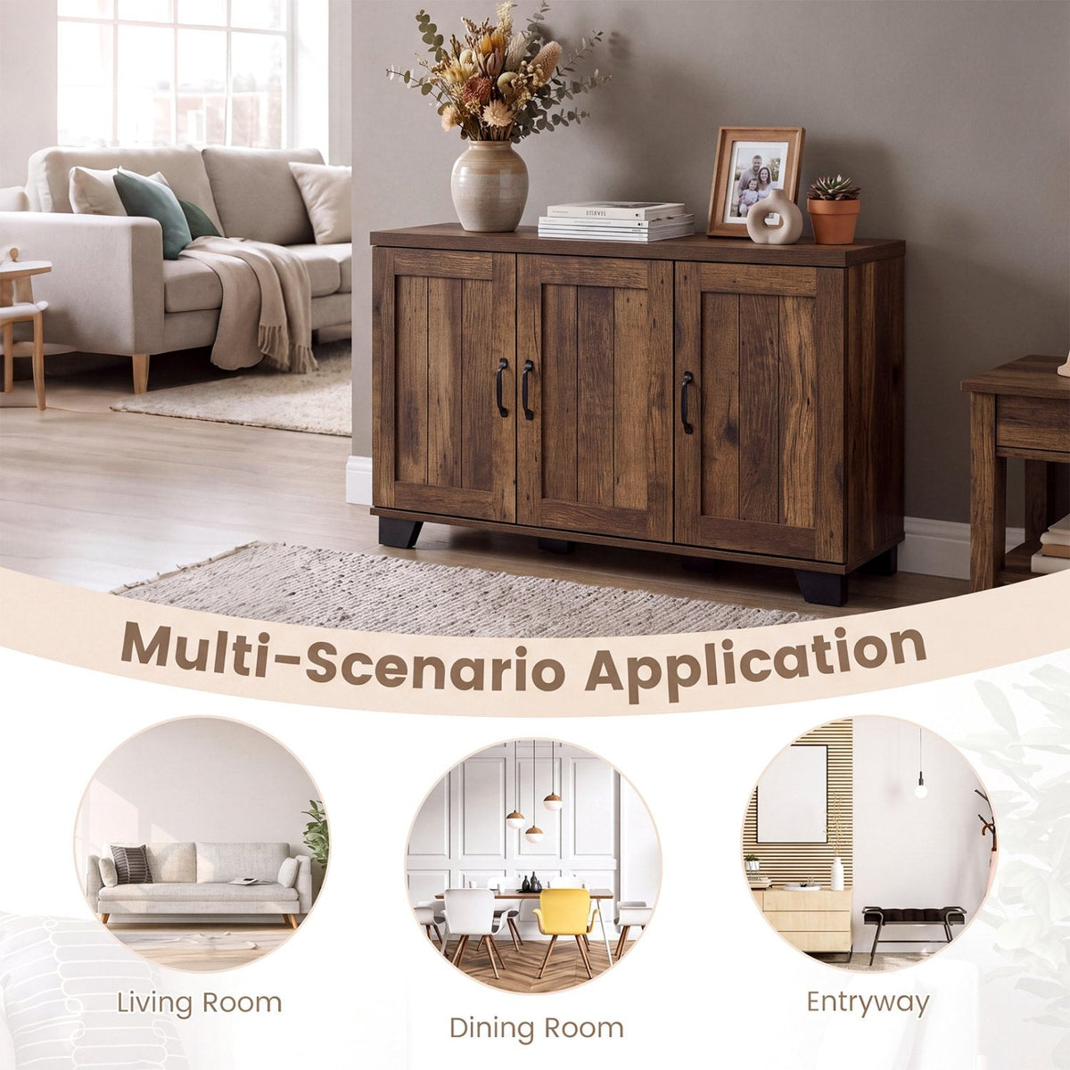 Buffet 3 portes avec étagères réglables et kits anti-basculement - Marron
