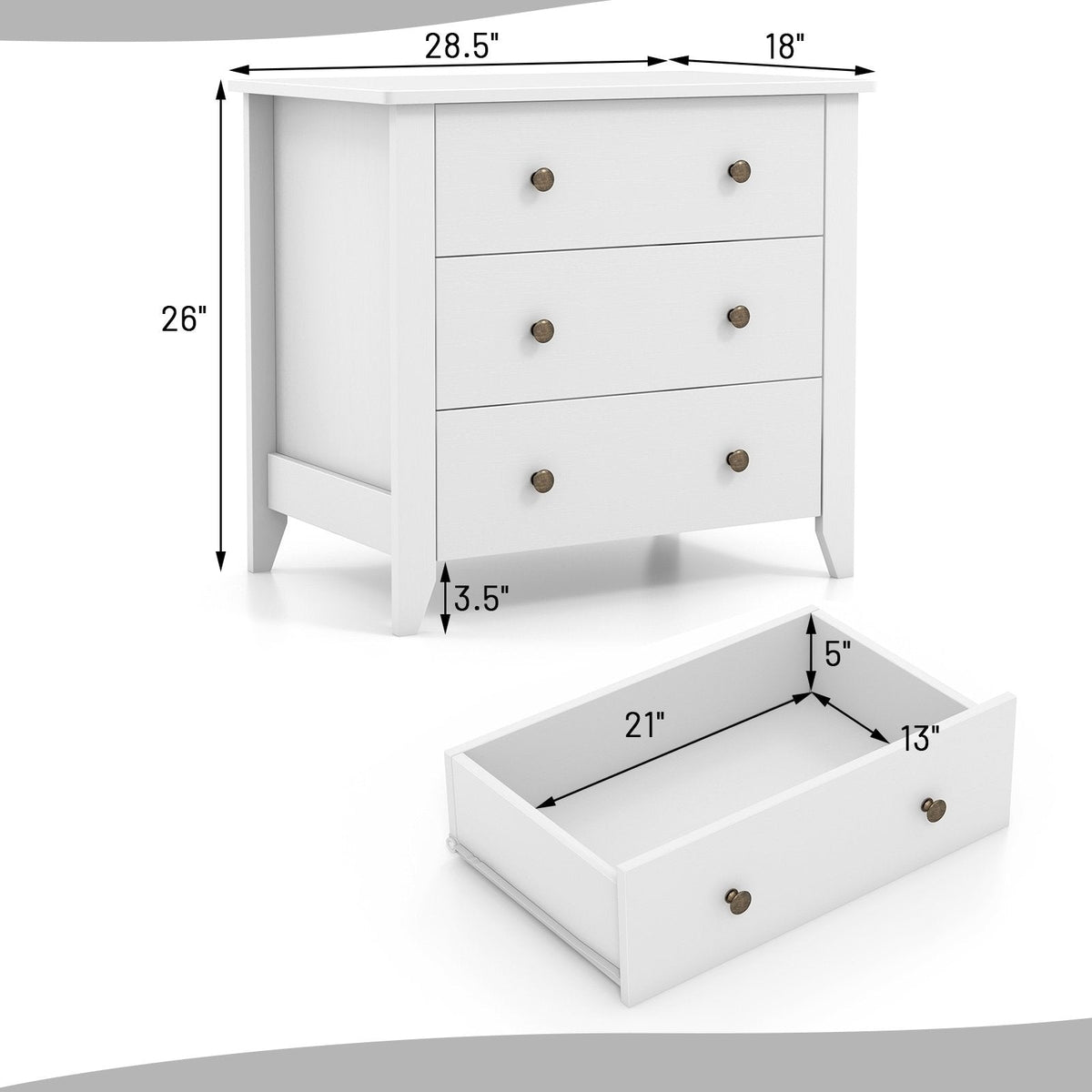 Cómoda de 3 cajones con mesita de noche - Blanco