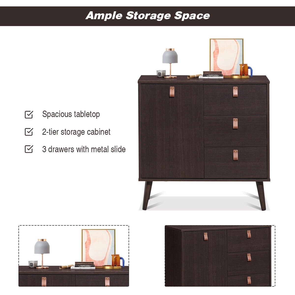 3-Schubladen-Sideboard Vitrine-Braun