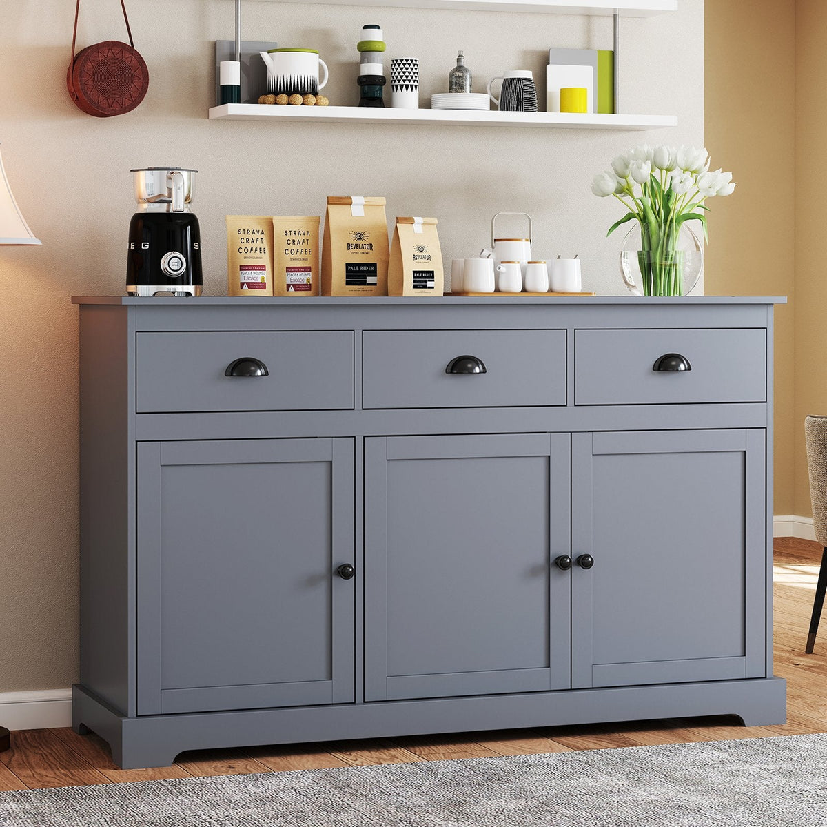 Sideboard Buffet mit 3 Schubladen und verstellbaren Einlegeböden – Grau