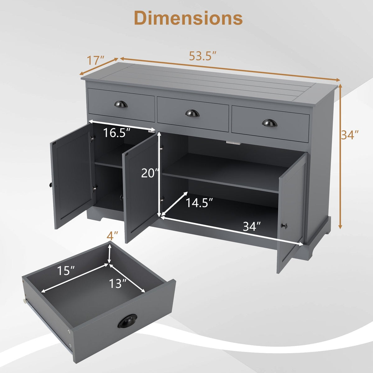 Sideboard Buffet mit 3 Schubladen und verstellbaren Einlegeböden – Grau