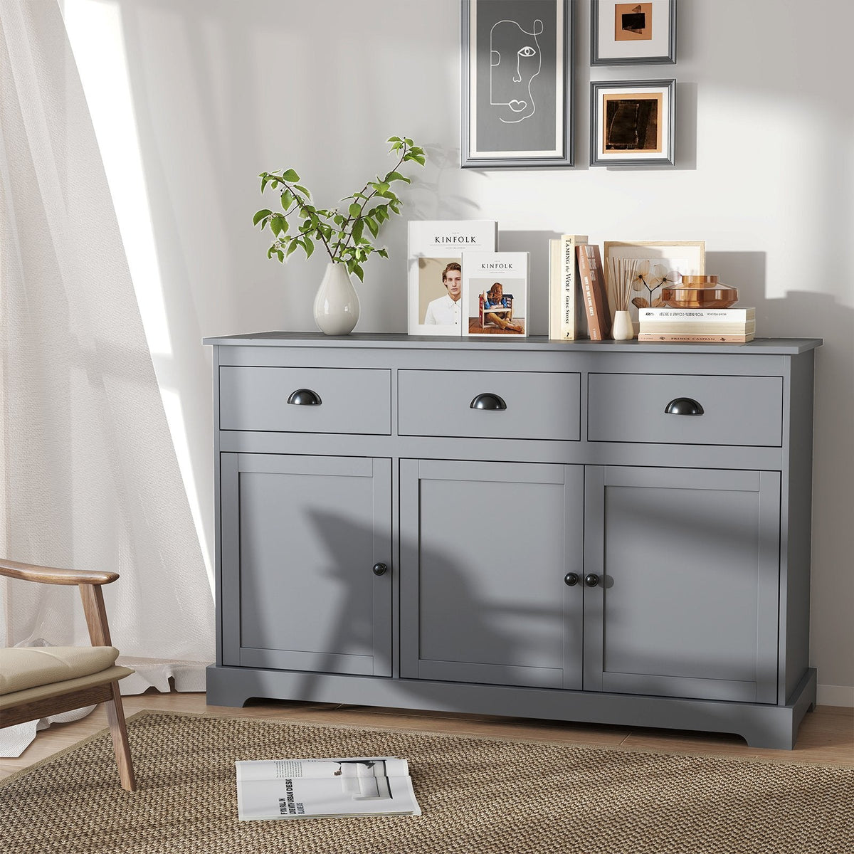 Sideboard Buffet mit 3 Schubladen und verstellbaren Einlegeböden – Grau
